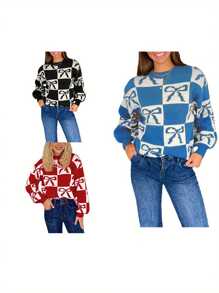 Women's Checkered Knitted Sweater Bow Patterned Drop Shoulder Long Sleeve Round Neck Ribbed Tops - Blue - View 3