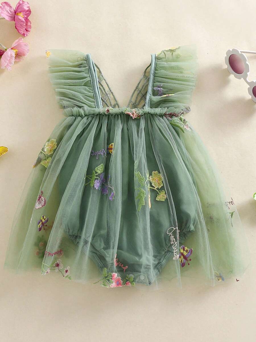 Toddler Baby Girl Butterfly Wings Romper Fairy Dress Princess Sleeveless Tulle Butterfly Wing Skirt Birthday Party Tutu Dress - 綠色 - 查看 1