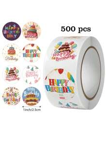 500 stuks/rol verjaardagstaart Happy Birthday zelfklevende stickers, geschikt voor taarten, cadeaus, banners, etiketten, stickers, kaarten, dozen, feestdecoraties, waterdichte PVC niet-klevende stickers, schoolbenodigdheden, terug naar school