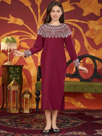 女孩和青少年女孩奢华水钻装饰晚礼服，高端、小众精致设计，适合秋冬季