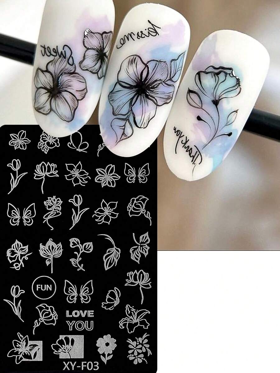 1件美甲模具印花板，蝴蝶花朵线条装饰设计，适用于DIY美甲印花模板，美甲工具 - 彩色 - 查看 1