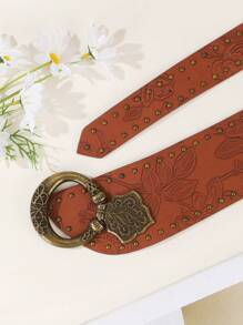 1 件女士西式复古铆钉印花百搭街头时尚腰带夏季、学校秋季、秋季、万圣节