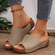 Sandalias de cuña de dedo abierto con estampado floral, estilo casual europeo y americano para tallas grandes