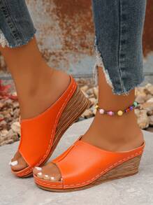 Women's Summer New Fashion Versatile Rusty Brown PU Open Toe Wedge Heel Sandals, Comfortable Lightweight Slip-On Platform Sandals For Daily Outdoor Wear - 橘色 - 查看 5