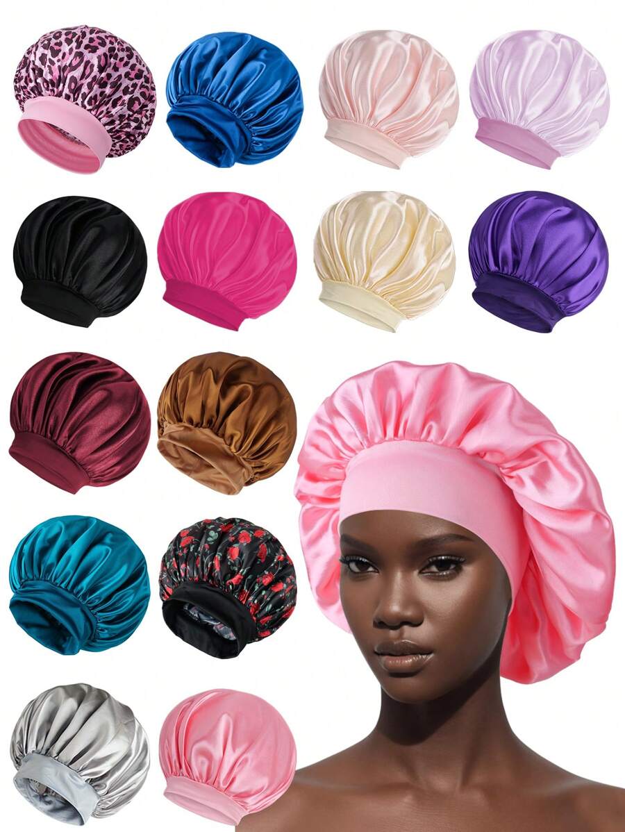 1PC Large Size Solid Hair Bonnet Silk Bonnet Satin Bonnet For Sleeping Satin Hair Bonnets, Soft Elastic Band Silk Sleep Cap, Silk Hair Wrap For Curly Hair