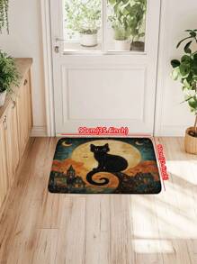 1pc Black Cat Night Bathroom Mat, Full Moon Pattern Kitchen Decor Floor Mat, Absorbent, Quick-Drying And Anti-Slip, Soft Thick Flannel Rug For Bathroom, Kitchen, Living Room, Home Decor Home Bathroom Decor Floor Carpet Outdoor Rug Door Mat