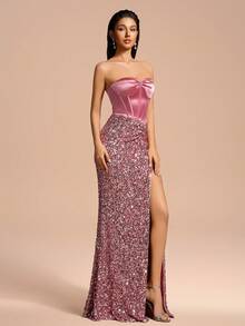 Women's Solid Color Splice Elegant Sequin Slit Strapless Maxi Dress, Party Dress, Wedding Guest Dress, Prom Dress - Pink - View 6