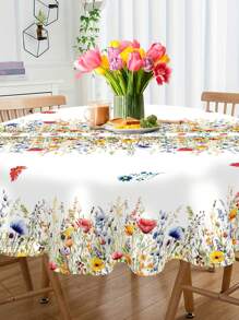 1pc 152*152cm Round Tablecloth With Wild Flowers & Green Grass, Soft Peach Velvet Spring Watercolor Floral Tablecloth, Spring Dining Table Party Tablecloth Decor, Party Decoration Tablecloth, Kitchen Decor Table Runner, Room Decor Table Runner, Home Decor Tablecloth Set, Spring Party Gift - Wildflowers Green Grass Round - View 3