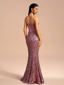 Women's Solid Color Splice Elegant Sequin Slit Strapless Maxi Dress, Party Dress, Wedding Guest Dress, Prom Dress - Pink - View 4