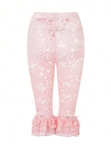 Women Capri Pants Lace See-Through High Waist Ruffles Hem Summer Casual Cropped Pants Stretch Crop Leggings - Pink - View 4