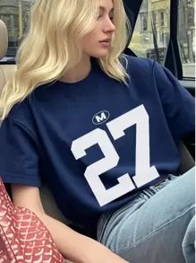 New Soft & Versatile Casual Spring/Summer Fashion Loose Round Neck Digital 27 Print T-Shirt - Navy Blue - View 1