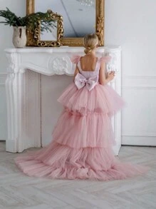 Tween Girl Butterfly Pearl Bow Tail Design Net Tulle Graduation Party Pink Princess Dress, Suitable For Girls Birthday Gift, Formal Gown, Wedding Bridesmaid Flower Girl, Holiday Celebration - 粉色 - 查看 5