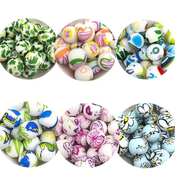 10 pezzi di perle in silicone da 15mm con stampe, ideali per realizzare bracciali fai-da-te, portachiavi e creazioni di moda