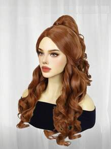 Perruque longue ondulée auburn avec queue de cheval mi-relevée pour femmes - cheveux synthétiques résistants à la chaleur de couleur brun rougeâtre naturel, perruque de princesse pour cosplay, vagues volumineuses avec raie au milieu, design de queue de cheval amovible, look réaliste, bonnet doux et respirant, facile à porter et à recoiffer, parfait pour les fêtes, les costumes de vacances, le port quotidien, les soirées à thème, les mariages, un excellent cadeau pour les femmes - Tabac - Voir 4