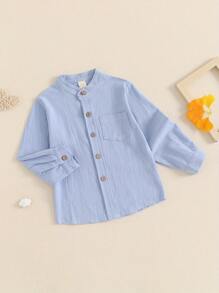 Camisa de color liso para niños de 3 a 8 años, con bolsillo en el pecho, cuello alto, manga larga, botones delanteros, para caballeros de otoño - Azul - Ver 6