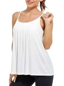Built In Bra Padded Women Camisole Cami Vest Plus Size 2 In 1 Push Up Tank Tops Summer Beach Flowy Swing Casual Loose Fit Blouse Top Shelf Bra Spaghetti Strap S To 4XL - 白色 - 查看 3