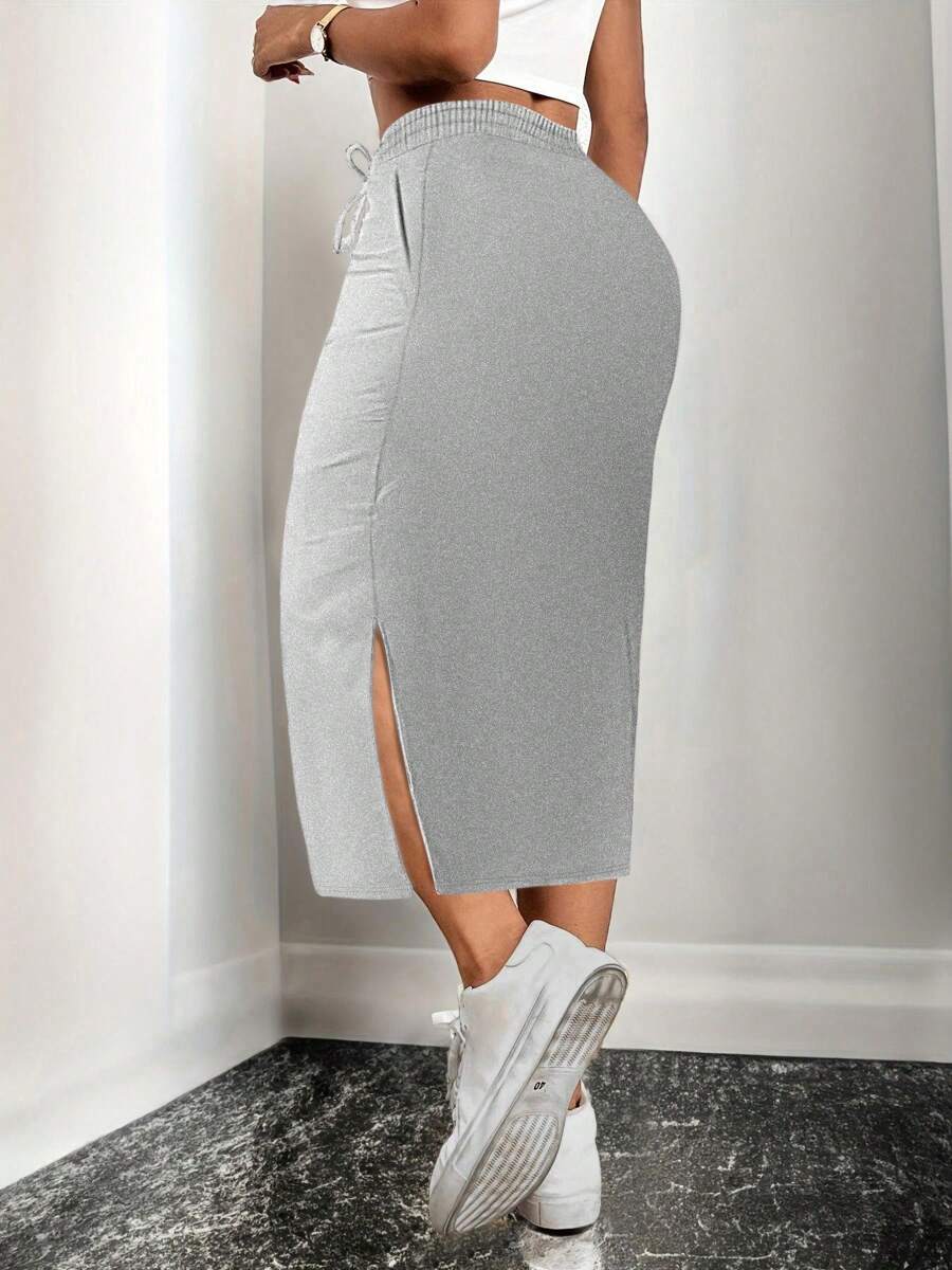 Fashionable And Casual Solid Color Waist Cinching Long Skirt, Split Slim Half Length Long Skirt With Pockets, Women's Clothing - Xám - Xem 1