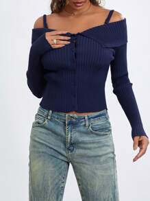 Women's Autumn Slim Knit Tops Solid Color Off Shoulder Long Sleeve Sweaters Knitwear - Blue - View 8