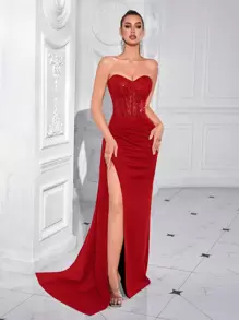 ADYCE Đầm maxi dài không dây vai, xếp ly, cổ tim, đuôi cá, xuyên thấu, xẻ cao, hở lưng, chất liệu satin, thanh lịch dành cho nữ, thích hợp cho dạ hội, đám cưới, tiệc gala, lễ hội, hẹn hò, tiệc tối trang trọng, tiệc sinh nhật, tiệc lễ hội, họp mặt gia đình, năm mới và các dịp khác. - Đỏ - Xem 1