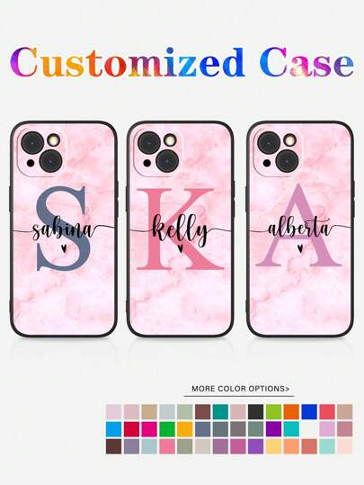 Customized Pink Gradient Marble Color Initial Letter Signature Design Shockproof Phone Case, Personalized Signature Phone Case, Suitable For Girl's Birthday Gift, Valentine's Day Gift. Customizable Name Color Phone Case, Personalized Colorful Letter Anti-Drop Thick Black Phone Case Cover For S20, S21, S22, S23, S24, A12, A14, A15, A21, A22, A31, IPhone 11/13/14/15 Pro Max, 16 Pro Max