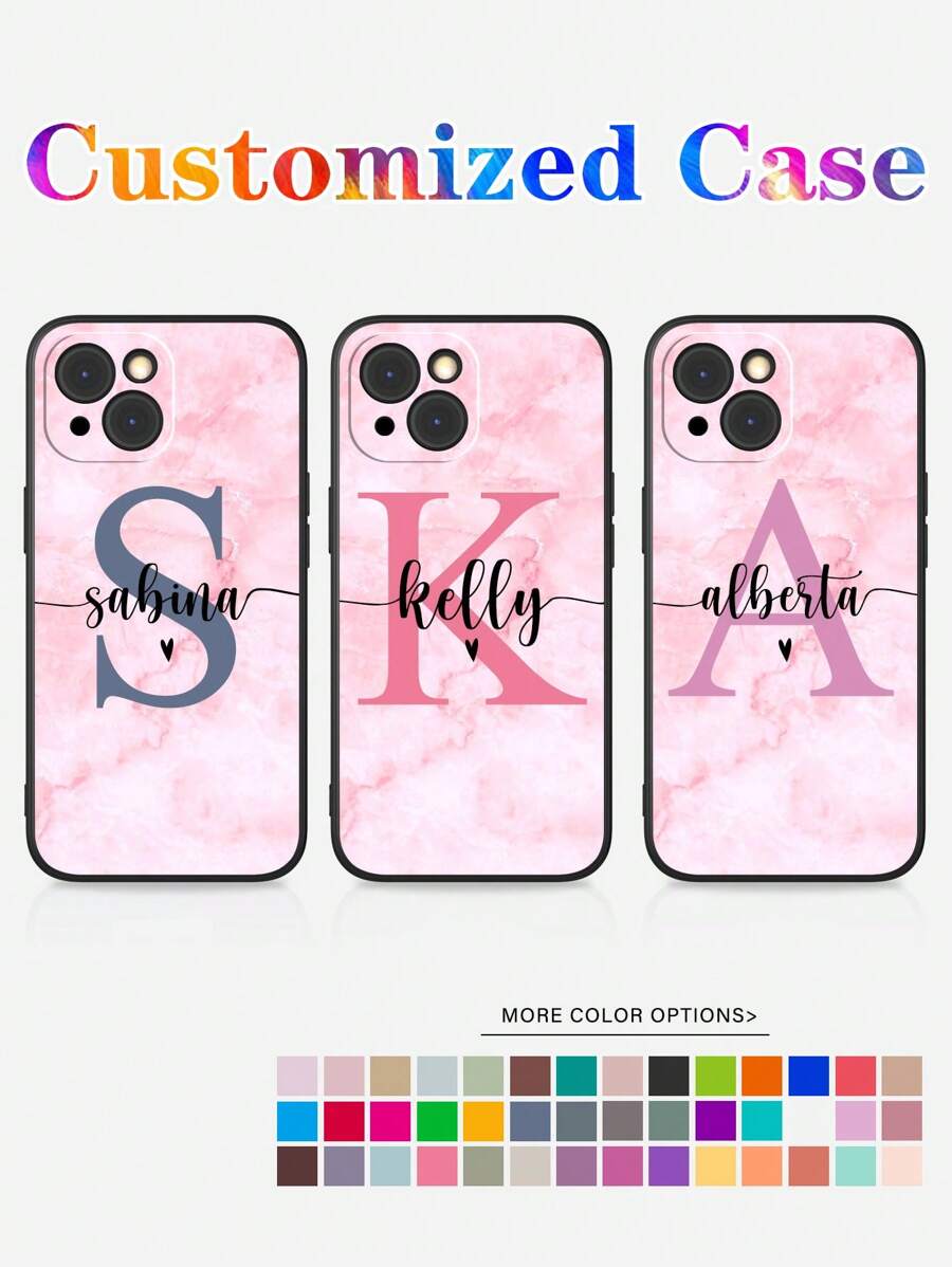 Customized Pink Gradient Marble Color Initial Letter Signature Design Shockproof Phone Case, Personalized Signature Phone Case, Suitable For Girl's Birthday Gift, Valentine's Day Gift. Customizable Name Color Phone Case, Personalized Colorful Letter Anti-Drop Thick Black Phone Case Cover For S20, S21, S22, S23, S24, A12, A14, A15, A21, A22, A31, 11/13/14/15 Pro Max, 16 Pro Max - Black - View 1