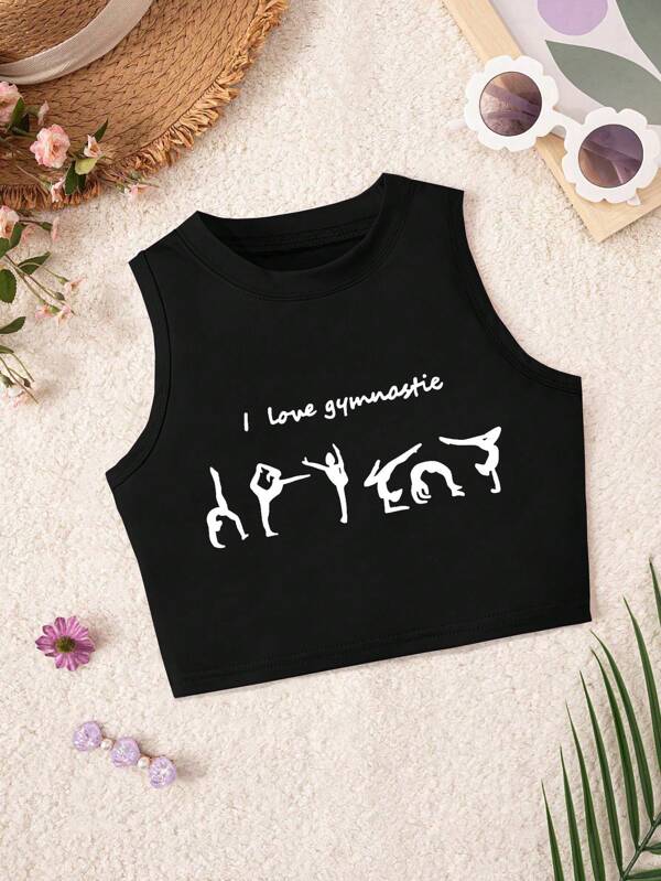 Top fascia casual per ragazze pre-adolescenti in colore tinta unita con stampa sagoma lettera, adatto per yoga, corsa, allenamento, attività di fitness