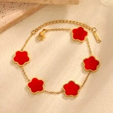 1 件 18K 金不锈钢黑白三叶草图案手链，白色珍珠母幸运四叶草珠子手链，适合女性、派对和日常佩戴，欧美风格 - 五葉草 - 查看 2