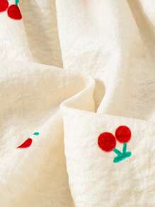 Baby Girls Ruffle Hem Cherry Print Bubble Ruche Short Sleeve Sweet Dress With Headscarf, Suitable For Outdoor Vacation, Photoshoot, Casual