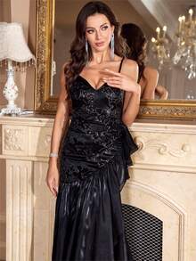 yanchunxier Women's Off-Shoulder Adjustable Strap Dress, Featuring Butterfly Sequin Satin Patchwork V-Neck, Extra Long Waist Pleated Ruched Design, Asymmetrical Hem With Shiny Mesh Ruffle, Suitable For Wedding/Party/Holiday/Cocktail - Black - View 8