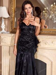 yanchunxier Women's Off-Shoulder Adjustable Strap Dress, Featuring Butterfly Sequin Satin Patchwork V-Neck, Extra Long Waist Pleated Ruched Design, Asymmetrical Hem With Shiny Mesh Ruffle, Suitable For Wedding/Party/Holiday/Cocktail