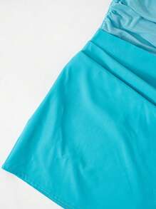 Women's Summer Mini Party Dresses Short Sleeve Off Shoulder Solid Color Ruched Mesh Dresses - Blue - View 7