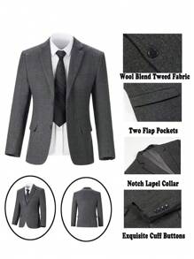 3pcs Herringbone Boys Suit Set, Including Blazer, Vest & Pants - Dark Grey - View 4