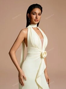Vestido largo maxi elegante de unicolor con cuello en V profundo y abertura, con corbata de moño y volantes, detalle floral en la cintura, adecuado para ocasiones formales, bodas y fiestas