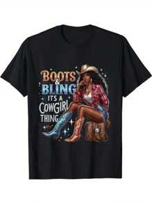 Cowgirl Competitive Equestrian1 Piece, Washed,Washed Printed T-Shirt, Seasonal Casual Men's T-Shirt, Round Neck Cotton Short-Sleeved T-Shirt, Christmas Gift. - Black - View 1