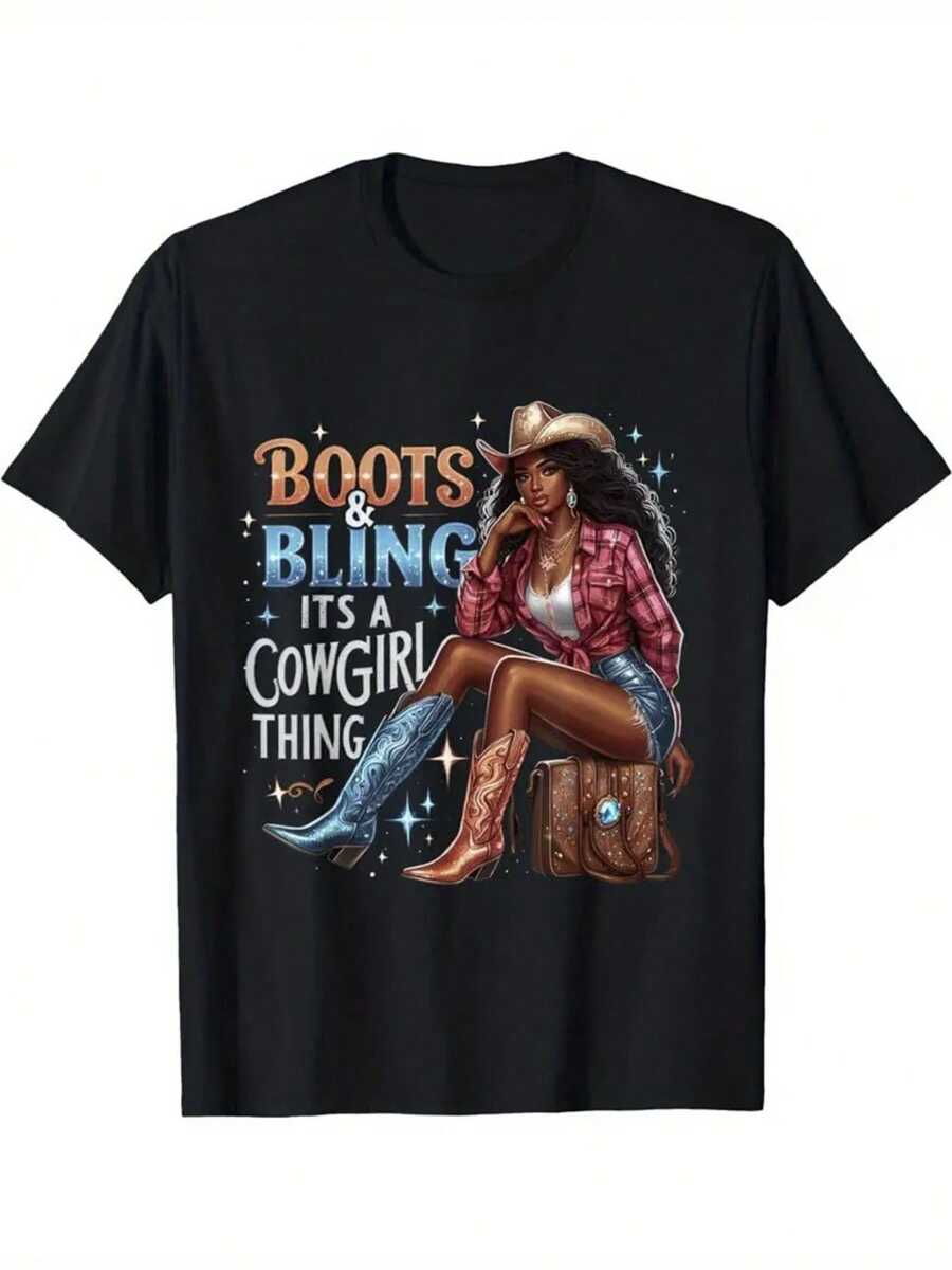 Cowgirl Competitive Equestrian1 Piece, Washed,Washed Printed T-Shirt, Seasonal Casual Men's T-Shirt, Round Neck Cotton Short-Sleeved T-Shirt, Christmas Gift. - Black - View 1