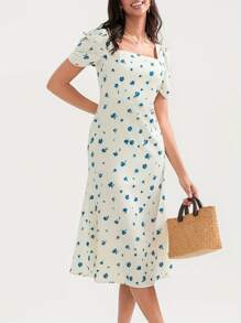 Womenacute;S Summer Midi Dress Casual Short Puff Sleeve Floral Print A-Line Dress Elegant Flowy Dress