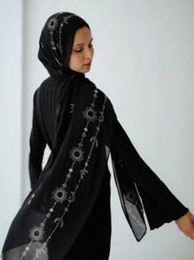 1PC Women's Bohemian Balinese Najm Hijab With Sun, Star, Moon Print, Suitable For Daily Outings And Festival Celebrations - Bali Yarn - View 8