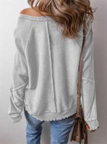 Sudadera de punto para mujer, estilo urbano, con cuello redondo, manga larga y diseño de gofres - Gris - Ver 3