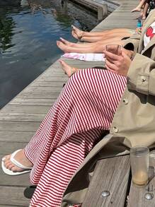 Women Loose Pants Stripe Drawstring Elastic Waist Trousers Spring Summer Casual Sweatpants Bottoms - Red - View 3
