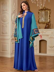 Women's Fashionable V-Neck Dress With Sequins Embroidered Trim, Spring/Summer, Modest Kaftan - Blue - View 6