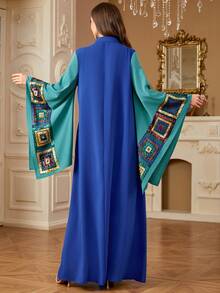 Women's Fashionable V-Neck Dress With Sequins Embroidered Trim, Spring/Summer, Modest Kaftan - Blue - View 2