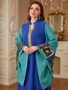 Women's Fashionable V-Neck Dress With Sequins Embroidered Trim, Spring/Summer, Modest Kaftan - Blue - View 5