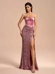 Women's Solid Color Splice Elegant Sequin Slit Strapless Maxi Dress, Party Dress, Wedding Guest Dress, Prom Dress - Pink - View 3