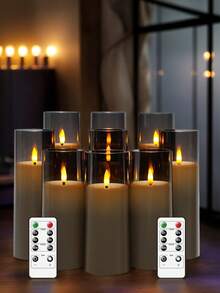 9 件/套电池供电闪烁无焰 LED 柱状蜡烛，带遥控器和 2/4/6/8 小时定时器，亚克力 LED 蜡烛（2.3 英寸 X 5 英寸、6 英寸、7 英寸） - 灰色 - 查看 1