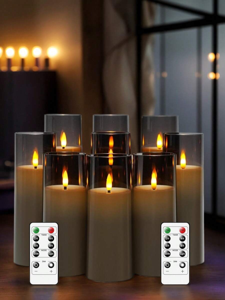 9 件/套电池供电闪烁无焰 LED 柱状蜡烛，带遥控器和 2/4/6/8 小时定时器，亚克力 LED 蜡烛（2.3 英寸 X 5 英寸、6 英寸、7 英寸） - 灰色 - 查看 1