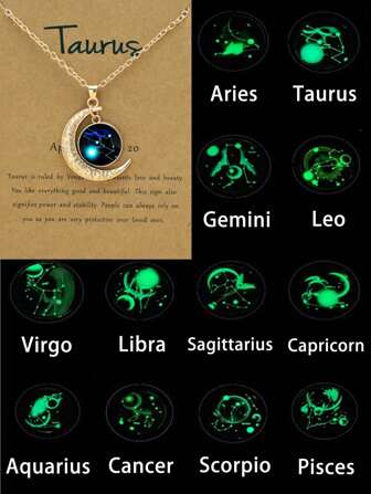 1/12 件十二星座夜光月亮吊坠项链，时尚个性化时尚十二生肖卡项链