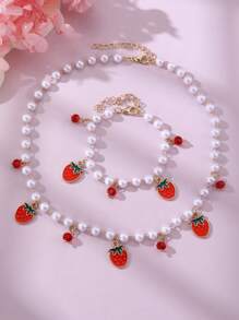 Set de 2 piezas de collar y pulsera con cuentas de perlas con diseño de fresas y cerezas para niñas - Multicolor - Ver 8