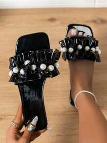 New Fairy Style Faux Pearl Trim Slip-On Sandals For Women, Summer 2025 Beach Strap Slides To Match Dresses