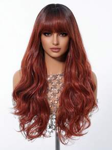 22 Inch Brown Long Curly Synthetic Wig With Bangs Dark Roots For Women Daily Cosplay Party Wig - Brown - View 3