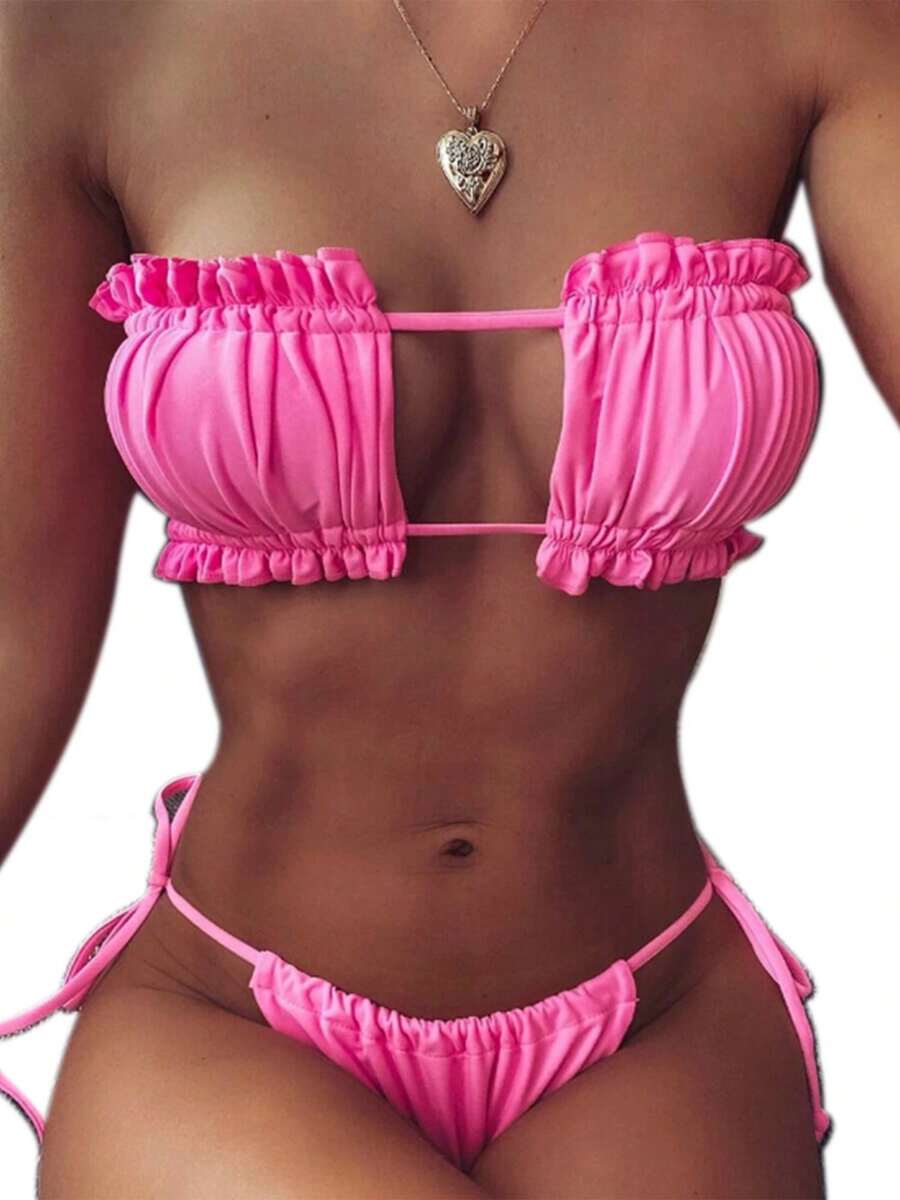 Women's Two Pieces Swimwear Suit, Curve-Hugging Strap-Free Backless Bra + Triangle Panties - Pink - View 1